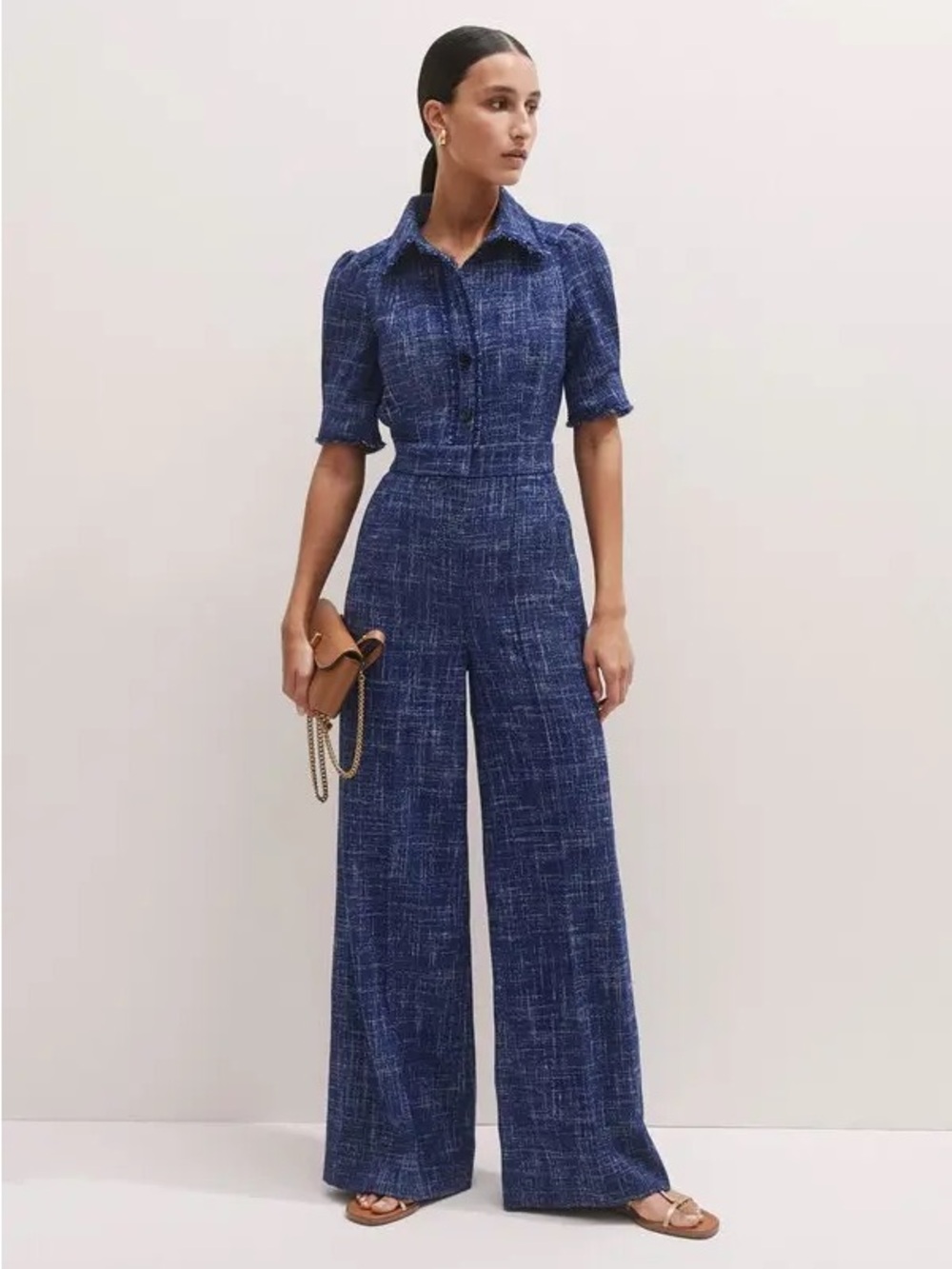 Like New! ME+EM Tweed Fringed-Trims Woven Jumpsuit in navy blue